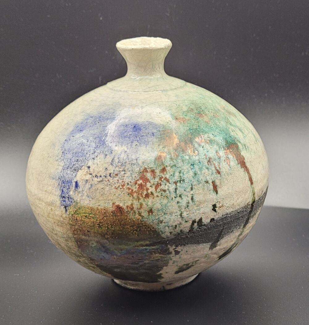 Art Pottery Art Splash Raku Crackle Glaze Ceam bronze purple green round vase